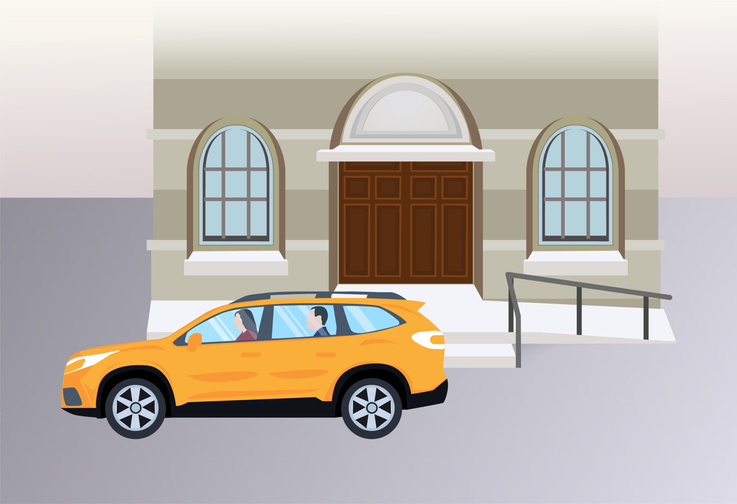 int-courtroom-boards_After court – ALL Illustration of the court building from the street with the same door and accessible ramp. The yellow car now has two people inside. Clickable question marks over the car and the court building door. A purple navigation menu along the bottom of the illustration has options “Outside court”, “Security”, “Waiting room”, “Courtrooms”, “Live link rooms” and “After court” in white font.