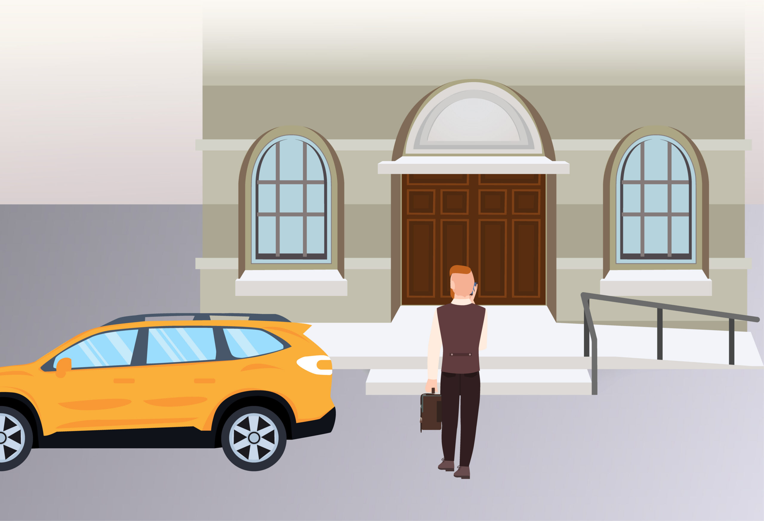 Illustration of the street outside a court building entrance. There is a yellow car bottom left and to the right of this, a man with ginger hair carrying a briefcase stands facing the court entrance door. There are steps leading to the door, as well as a ramp on the right side. There are clickable question marks over the car, the man, the court door, and the ramp. A purple navigation menu along the bottom of the illustration has options “Outside court”, “Security”, “Waiting room”, “Courtrooms”, “Live link rooms” and “After court” in white font.