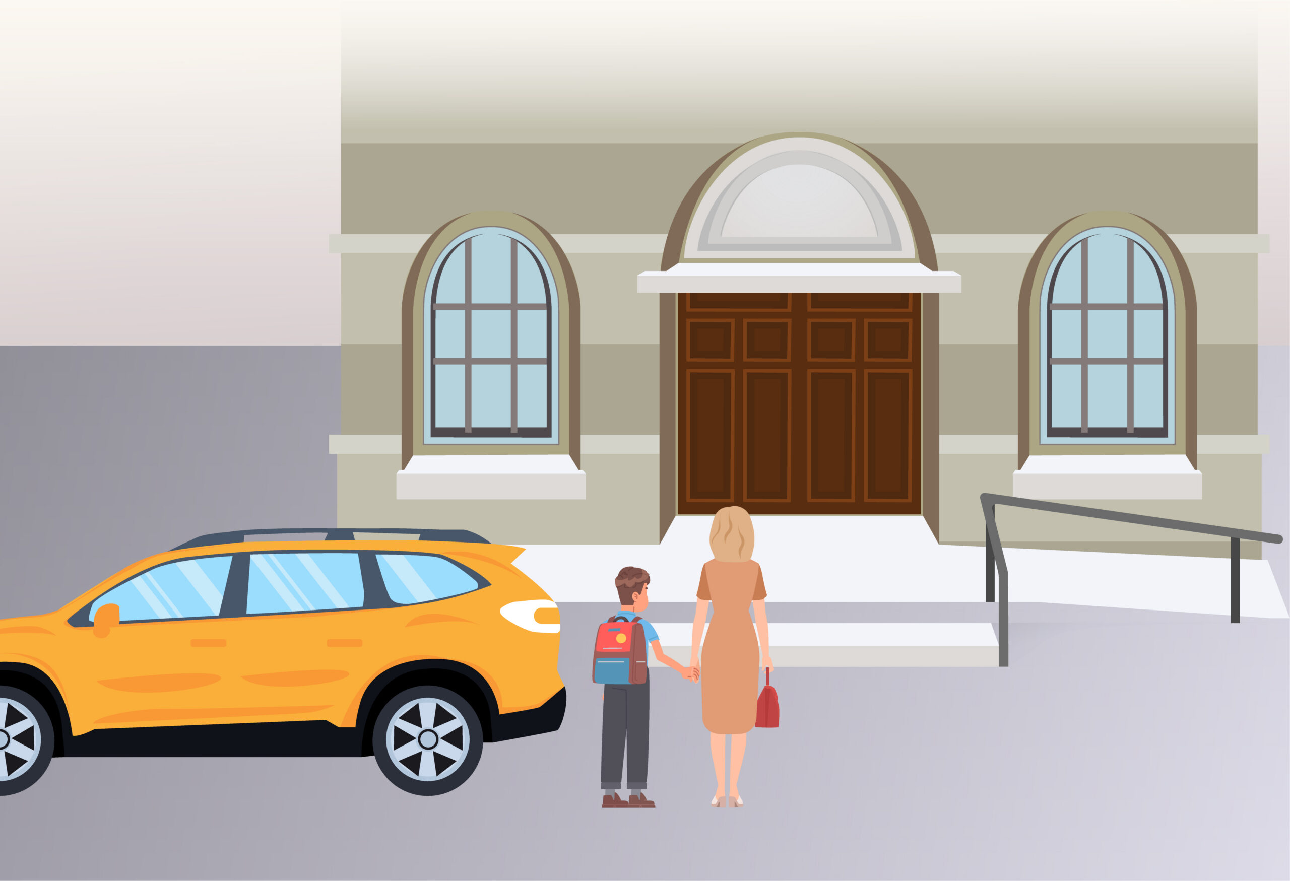 Illustration of the street outside a court building entrance. There is a yellow car bottom left and to the right of this, a young boy holding hands with a blonde woman stand facing the court entrance door. There are steps leading to the door, as well as a ramp on the right side. There are clickable question marks over the car, the boy’s backpack, the court door, and the ramp. A purple navigation menu along the bottom of the illustration has options “Outside court”, “Security”, “Waiting room”, “Courtrooms”, “Live link rooms” and “After court” in white font.