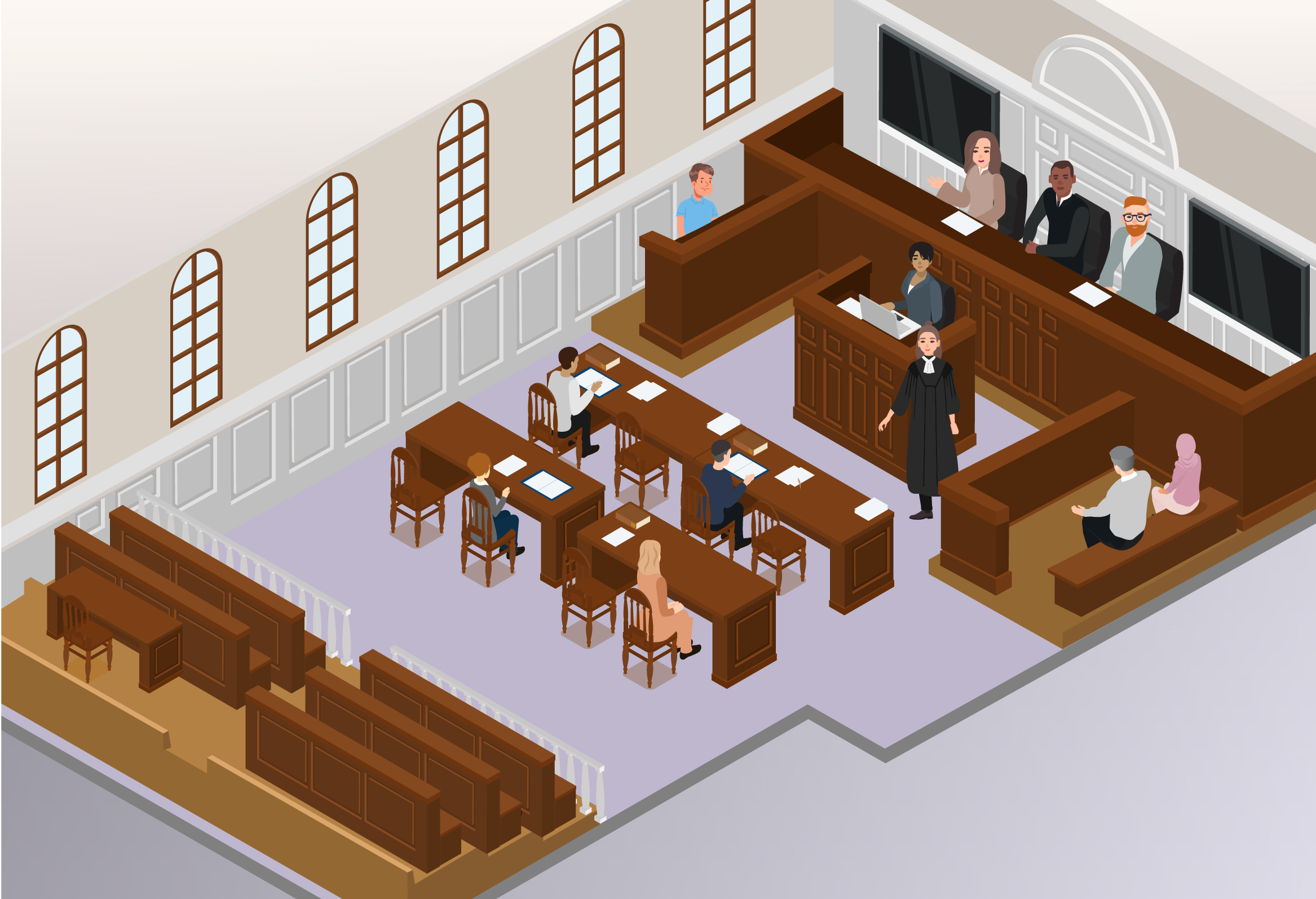 Illustration of a Youth courtroom. On the right hand side, a woman and two men are seated with a clickable question mark over them. There is a screen behind them, also with a clickable question mark. In front of them, a woman in a grey suit is taking notes. A woman in a black gown is standing near to her and both characters have clickable question marks. To the right of this woman, a man in grey sits in the dock. The boy is on the opposite side of the room from him, standing in the witness box. Both characters have clickable question marks. There are two rows of tables in the middle of the courtroom. Two people are seated in the front row and there is a clickable question mark over each of them. There are empty benches at the back of the courtroom. A purple navigation menu along the bottom of the illustration has options “Outside court”, “Security”, “Waiting room”, “Courtrooms”, “Live link rooms” and “After court” in white font.