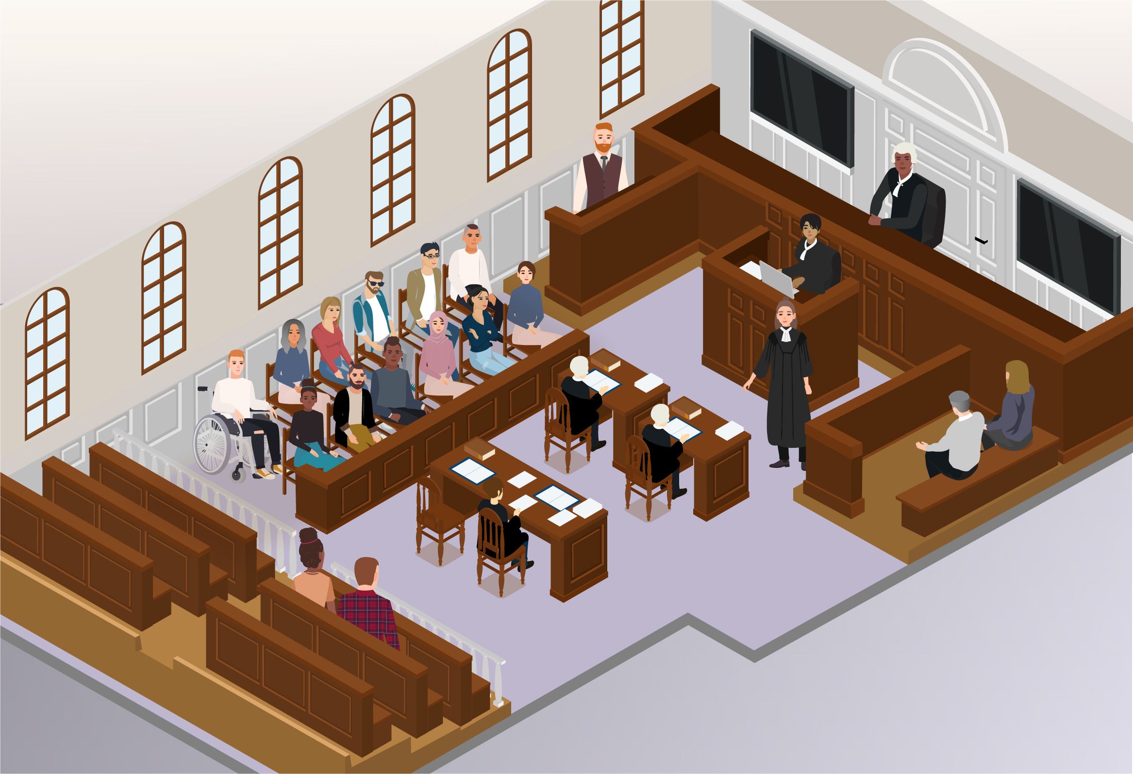 Illustration of a Crown courtroom. A man in a white wig and black gown is seated on the right of the image. In front of him, a woman is taking notes, with another woman in a black gown stood near to her. Besides the woman in the gown, a man is sat in the dock. On the opposite side of the room from him, the ginger man from previous scenes stands in the witness box. Two people in black gowns and white wigs are seated at tables next to each other in the middle of the room. There are clickable question marks on all these characters. On the left side of the courtroom, a jury of twelve people are seated and there is a clickable question mark over them. At the back of the room, two people are sitting on benches with a clickable question mark. At the front of the courtroom, there is also a clickable question mark on a TV screen on the wall. A purple navigation menu along the bottom of the illustration has options “Outside court”, “Security”, “Waiting room”, “Courtrooms”, “Live link rooms” and “After court” in white font.