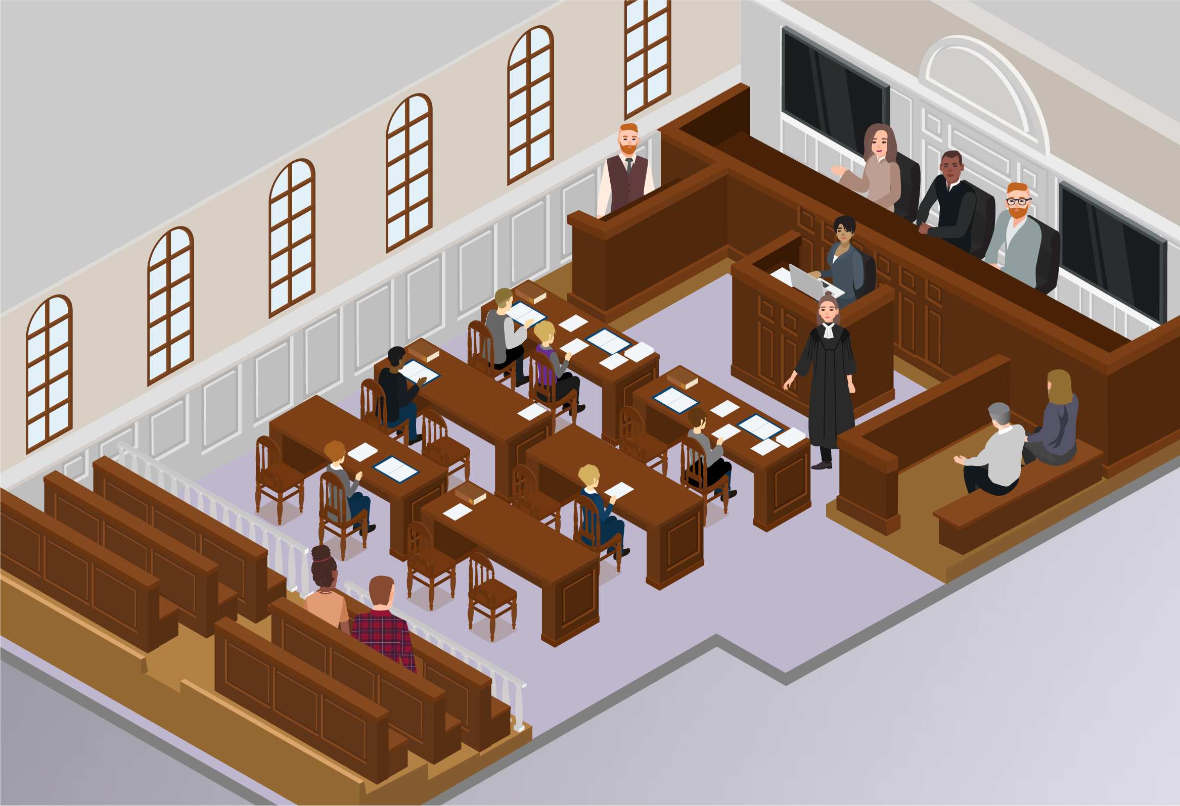int-courtroom-boards_Courtroom – magistrates Illustration of a Magistrates’ courtroom. On the right hand side, a woman and two men are seated with a clickable question mark over them. There is a screen behind them, also with a clickable question mark. In front of them, a woman in a grey suit is taking notes. A woman in a black gown is standing near to her and both characters have clickable question marks. To the right of this woman, a man in grey sits in the dock. The ginger man on the opposite side of the room from him, standing in the witness box. Both characters have clickable question marks. There are three rows of tables in the middle of the courtroom. Three people are seated in the front row and there is a clickable question mark over two of them. There are benches at the back of the courtroom where two people are seated with a clickable question mark. A purple navigation menu along the bottom of the illustration has options “Outside court”, “Security”, “Waiting room”, “Courtrooms”, “Live link rooms” and “After court” in white font.