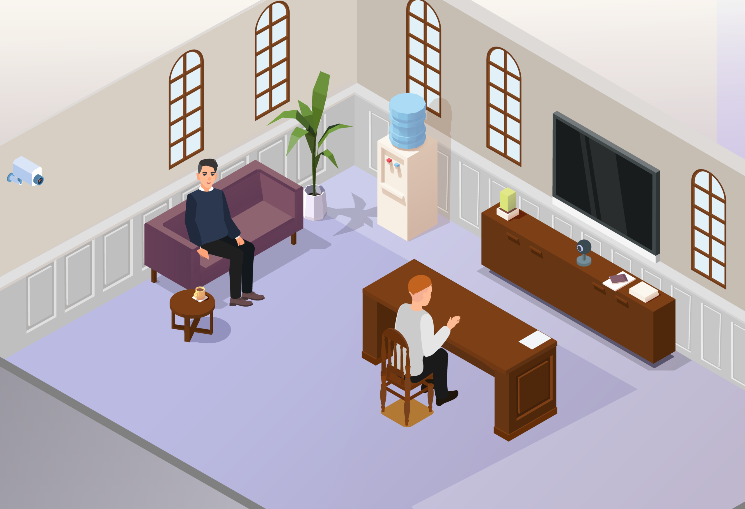 int-courtroom-boards_Live link Illustration of a live link room at court, showing the ginger man sat at a table facing a video camera and screen. To the man’s left, the man in the grey jumper is seated on a purple sofa. There is a security camera on the wall beside him. There are clickable question marks over both men in the scene, as well as the video camera, screen, and security camera. A purple navigation menu along the bottom of the illustration has options “Outside court”, “Security”, “Waiting room”, “Courtrooms”, “Live link rooms” and “After court” in white font.