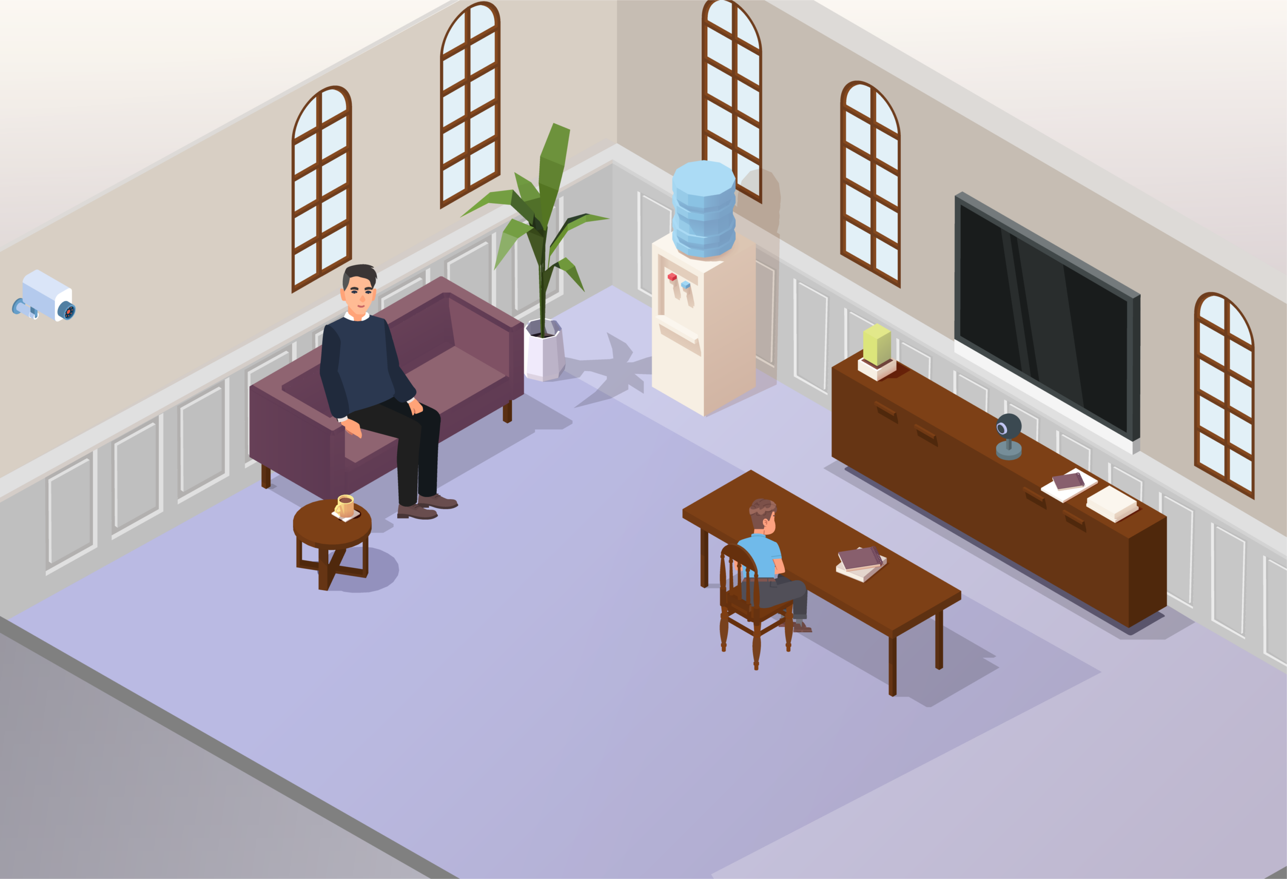 int-courtroom-boards_Live link – YOUTH Illustration of a live link room at court, showing the boy sat at a table facing a video camera and screen. To the boy’s left, the man in the grey jumper from the waiting room scene is seated on a purple sofa. There is a security camera on the wall beside him. There are clickable question marks over both characters in the scene, as well as the video camera, screen, and security camera. A purple navigation menu along the bottom of the illustration has options “Outside court”, “Security”, “Waiting room”, “Courtrooms”, “Live link rooms” and “After court” in white font.