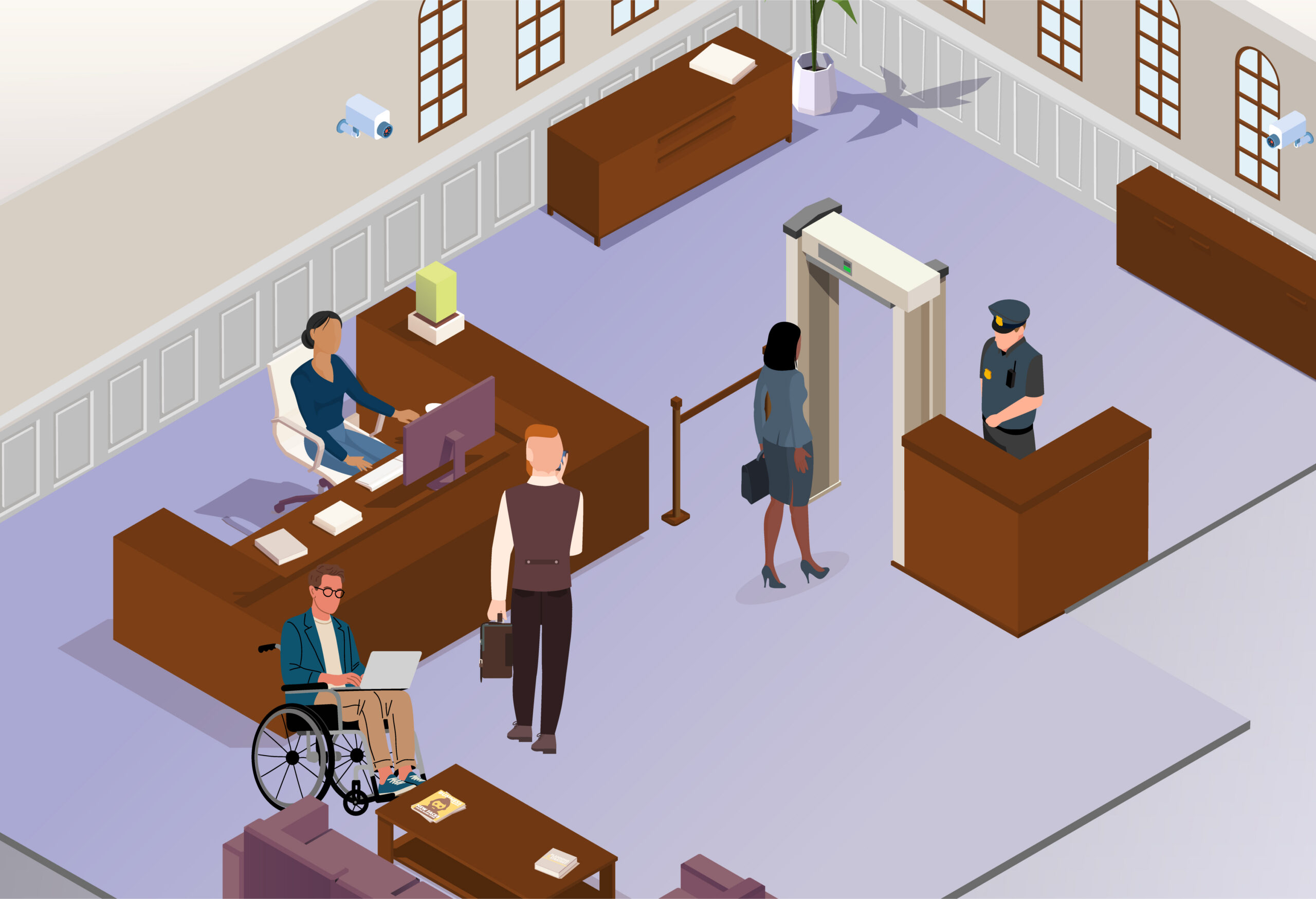 Illustration of the court building security. The ginger man from the first scene is waiting at a desk where a woman in a blue outfit is seated at a computer. To the left of the ginger man, a man who is a wheelchair user is working at his laptop in a waiting area. To the right of the ginger man is a woman in a grey skirt suit who is about to walk through an archway security scanner. To the right of the scanner, a security officer stands behind a small desk. There are CCTV cameras on the walls. There are clickable question marks over the ginger man, the archway security scanner, and the security officer. A purple navigation menu along the bottom of the illustration has options “Outside court”, “Security”, “Waiting room”, “Courtrooms”, “Live link rooms” and “After court” in white font.