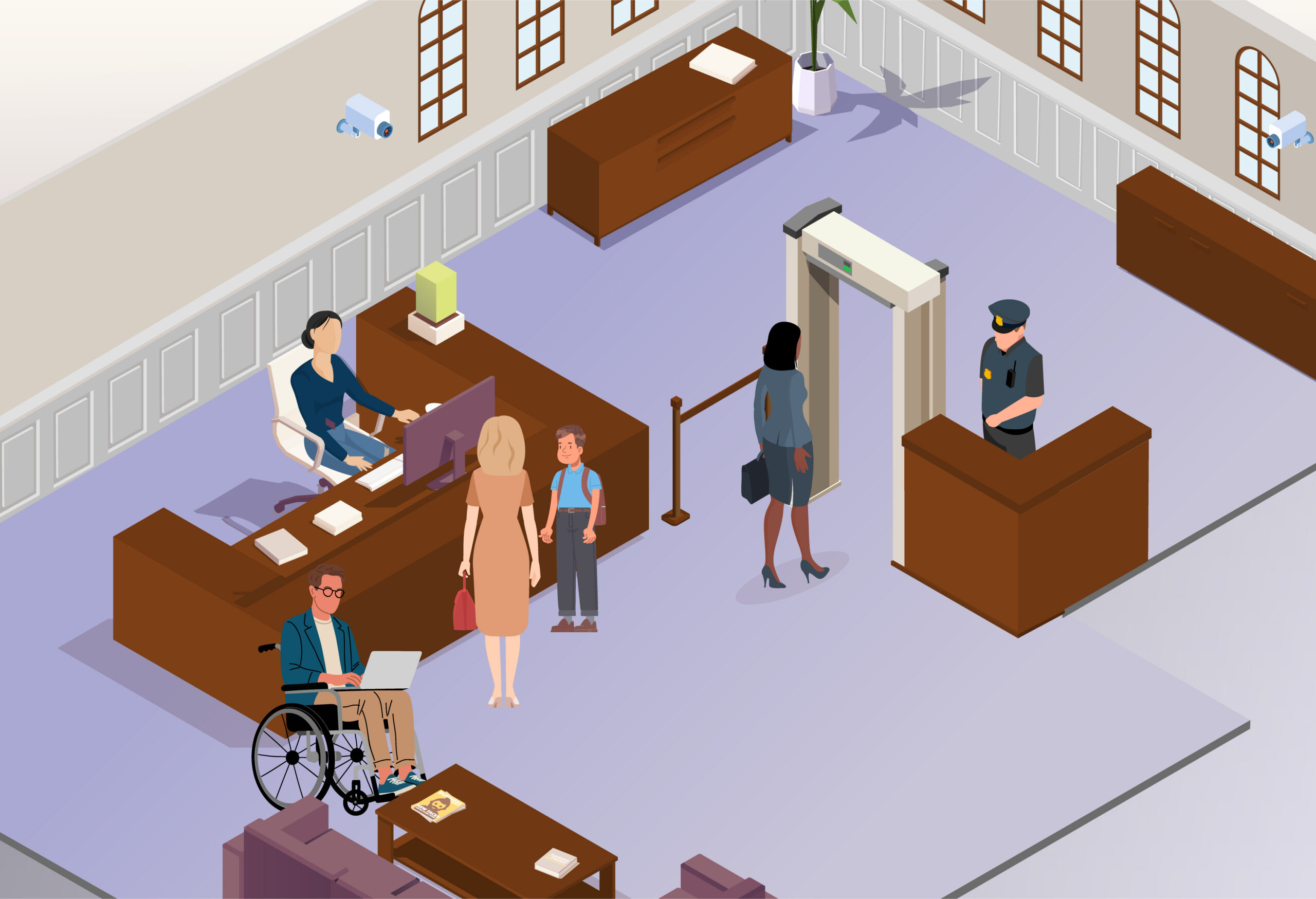int-courtroom-boards_Security – YOUTH Illustration of the court building security. The boy and blonde woman from the first scene are waiting at a desk where a woman in a blue outfit is seated at a computer. To the left of the boy and blonde woman, a man who is a wheelchair user is working at his laptop in a waiting area. To the right of the boy is a woman in a grey skirt suit who is about to walk through an archway security scanner. To the right of the scanner, a security officer stands behind a small desk. There are CCTV cameras on the walls. There are clickable question marks over the main desk, the archway security scanner, and the security officer. A purple navigation menu along the bottom of the illustration has options “Outside court”, “Security”, “Waiting room”, “Courtrooms”, “Live link rooms” and “After court” in white font.