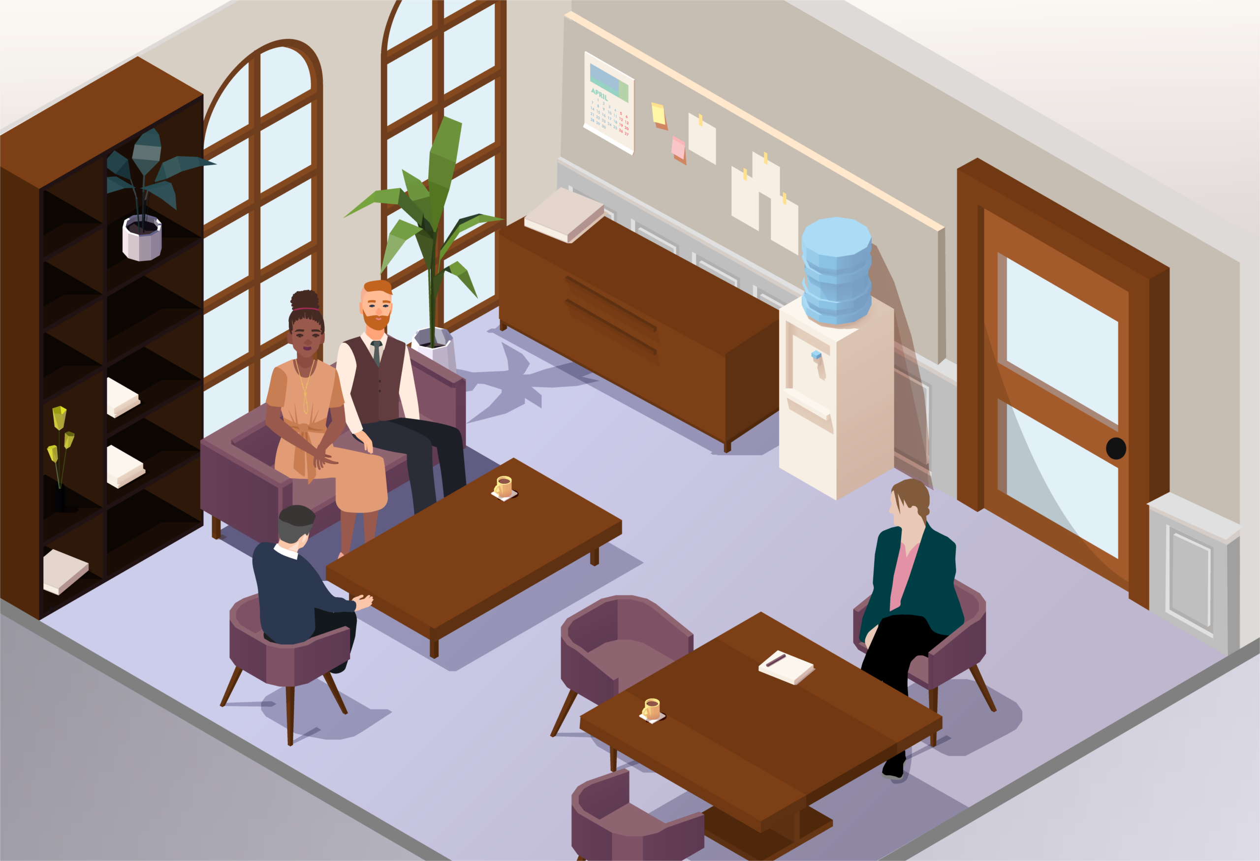 int-courtroom-boards_Waiting room Illustration of a court building waiting room. The ginger man is seated on a purple sofa beside a woman in a beige dress. They are both focusing on a man in a blue jumper in the chair opposite them. To the right, a woman in a teal blazer is seated in a chair in front of a table with a notepad and pen on. There is a door behind her. There are clickable question marks on all the characters in this scene, as well as on the notepad and the door. A purple navigation menu along the bottom of the illustration has options “Outside court”, “Security”, “Waiting room”, “Courtrooms”, “Live link rooms” and “After court” in white font.
