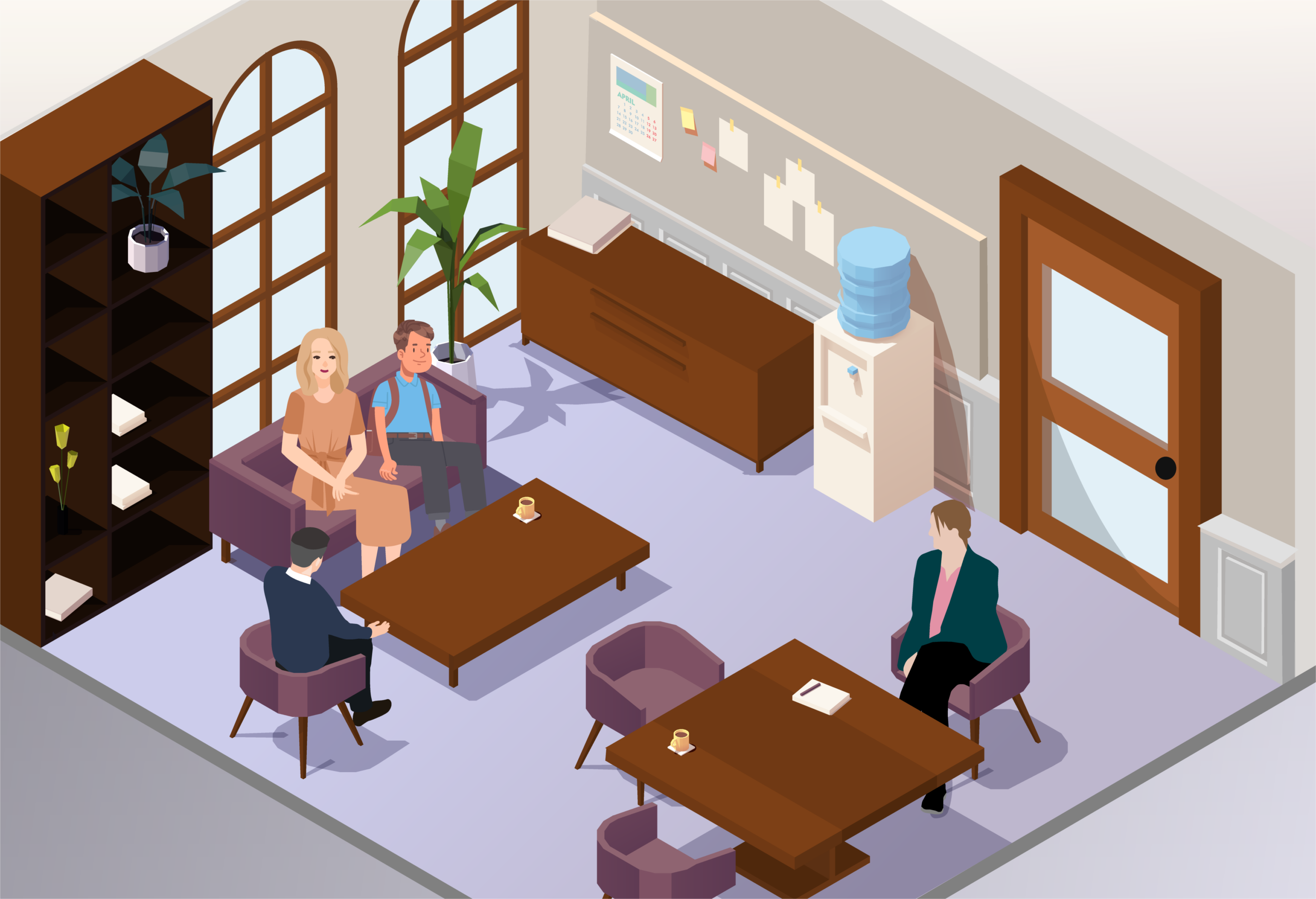 int-courtroom-boards_Waiting room – YOUTH Illustration of a court building waiting room. The boy and blonde woman are seated on a purple sofa. They are both focusing on a man in a blue jumper in the chair opposite them. To the right, a woman in a teal blazer is seated in a chair in front of a table with a notepad and pen on. There is a door behind her. There are clickable question marks on all the characters in this scene, as well as on the notepad and the door. A purple navigation menu along the bottom of the illustration has options “Outside court”, “Security”, “Waiting room”, “Courtrooms”, “Live link rooms” and “After court” in white font.