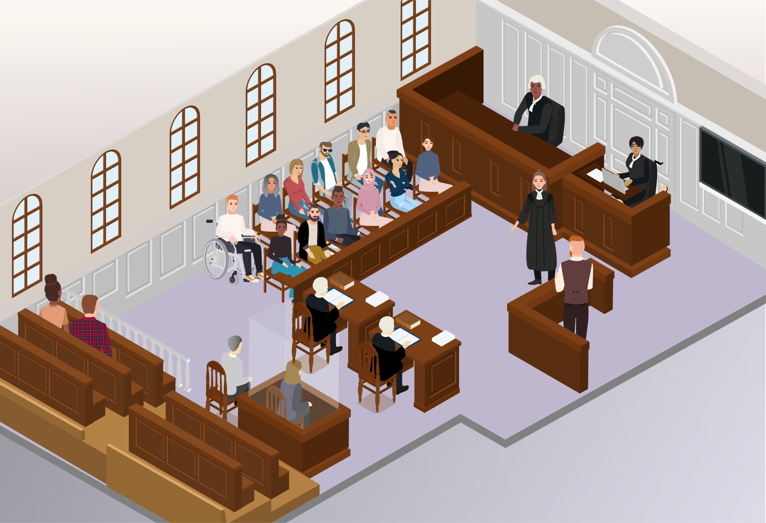 Illustration of a Crown courtroom. A man in a white wig and black gown is seated on the right of the image with a text label “Judge”. In front of him, a woman is taking notes, with another woman in a black gown stood near to her. Both have text labels – the notetaker is labelled “Court clerk” and the woman in the gown is labelled “Usher”. Besides the woman in the gown, a man is sat in the dock with a label “Defendant”. On the opposite side of the room from him, the ginger man from previous scenes stands in the witness box with a label “Witness”. Two people in black gowns and white wigs are seated at tables next to each other in the middle of the room. The one on the left is labelled “Prosecution team” and the one on the right is labelled “Defence team”. On the left side of the courtroom, a jury of twelve people are seated and there is a label “Jury”. At the back of the room, two people are sitting on benches with a label “Public gallery”. At the front of the courtroom, there is also a TV screen on the wall, labelled “TV screens”. A purple navigation menu along the bottom of the illustration has options “Outside court”, “Security”, “Waiting room”, “Courtrooms”, “Live link rooms” and “After court” in white font. A button at the top right of the image reads “Exit interactive courtroom”.